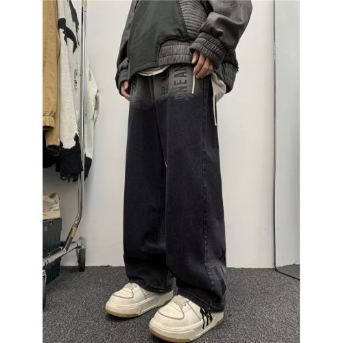 Spring and summer gradient black jeans for men and women straight-leg loose high-waisted wide-leg pants floor-length pants