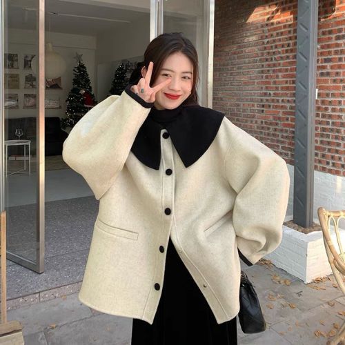 Baby doll collar contrasting color short woolen coat for women spring  new age-reducing versatile fashionable top for little people