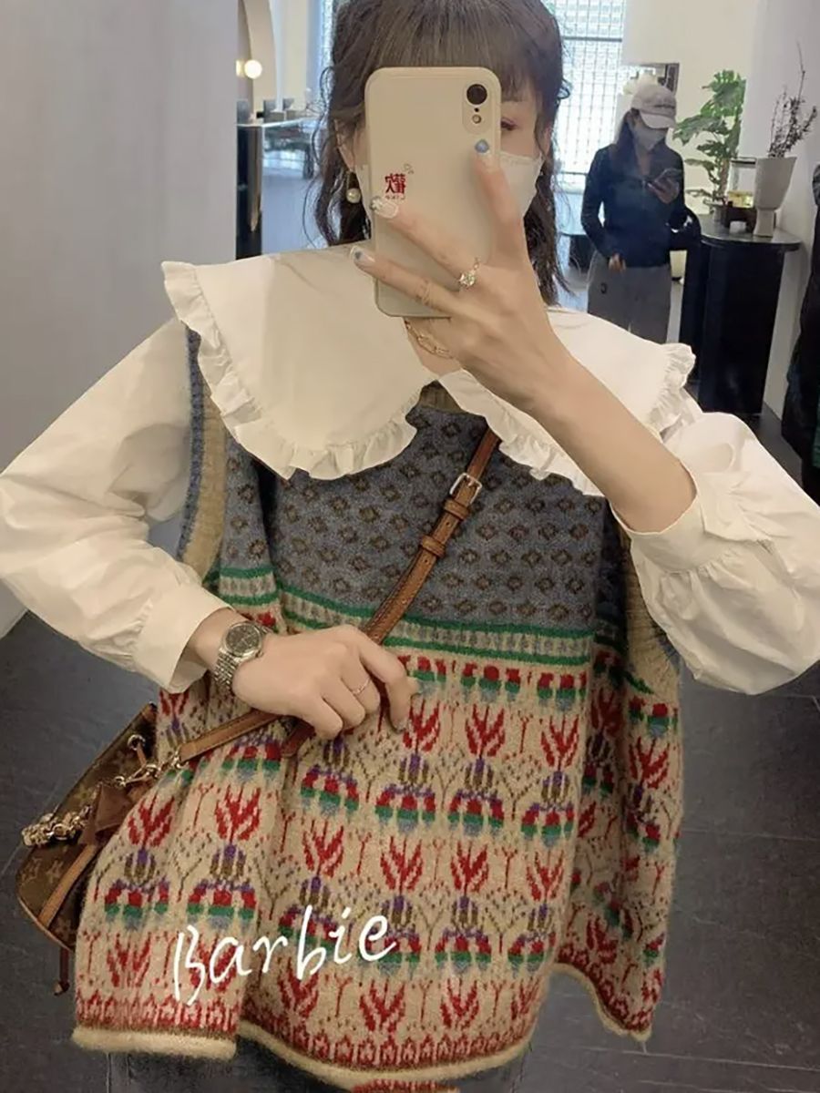 Suit women's 2024 spring new forest style sweet style doll collar shirt with French retro loose knitted vest