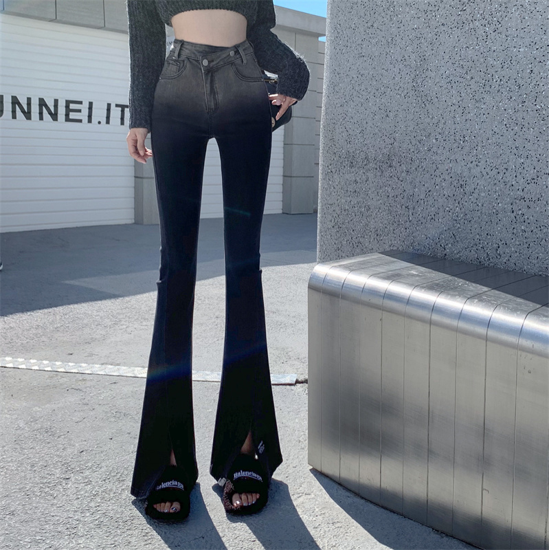實拍 新品不規則復古長褲開叉彈力微喇叭牛仔褲女