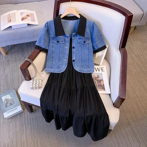Plus size women's summer  new fat MM short denim jacket covers the belly and looks slim suspender dress suit skirt