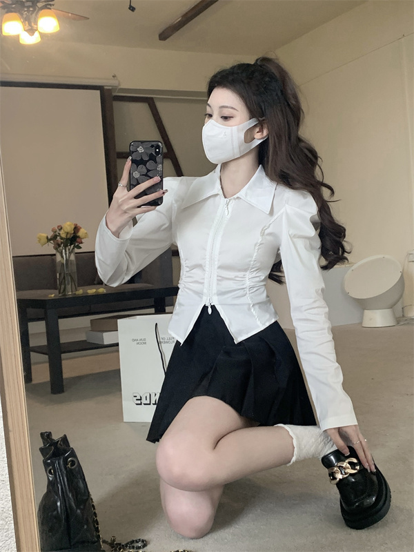 實拍#設計感開叉雙拉鏈泡泡袖長袖修身短款襯衫+百褶半身短裙
