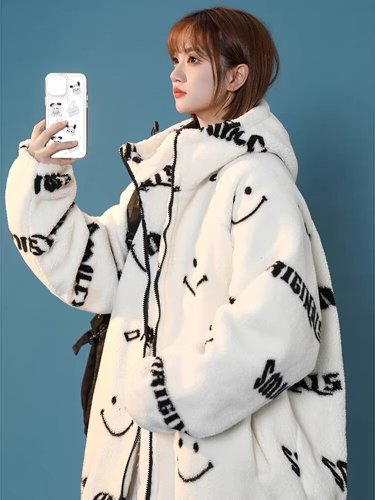 New autumn and winter stand-up collar smiley imitation lamb fur coat for women mid-length rabbit fur loose plush coat