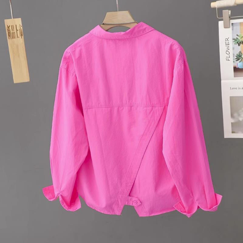 Pure cotton shirt with slit at the back 2023 pink spring new design long-sleeved shirt casual loose versatile top