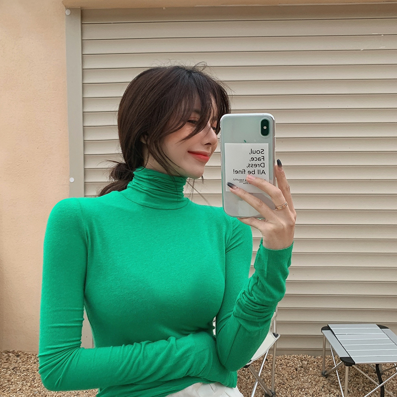 Real shot Korean version 2024 slim fit versatile bottoming shirt solid color turtleneck thin section slimming T-shirt inner top for women