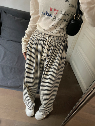 [Real shot, original fabric + back pocket] Spring striped straight trousers and casual pants for women