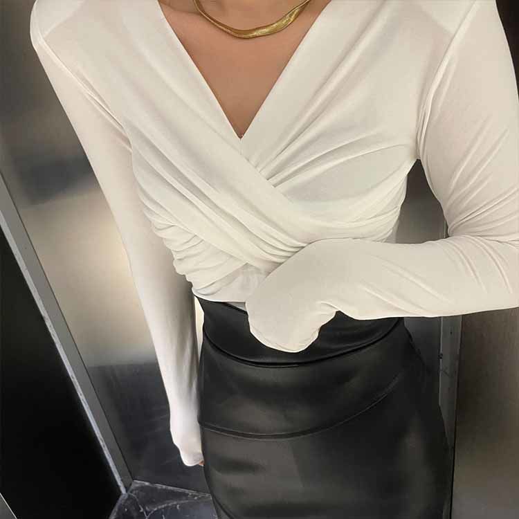 Cross v-neck top Korean style gentle women's early autumn design niche long-sleeved slim shoulder pads solid color T-shirt bottoming shirt