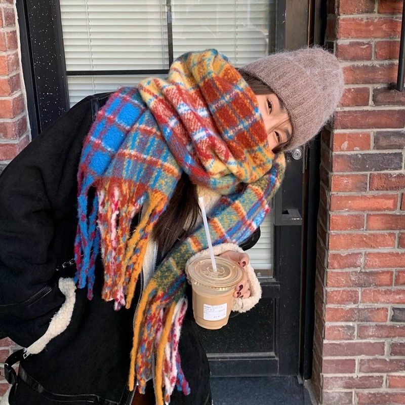 Retro rainbow plaid scarf for women winter 2023 new Korean style mohair scarf thickened warm student shawl