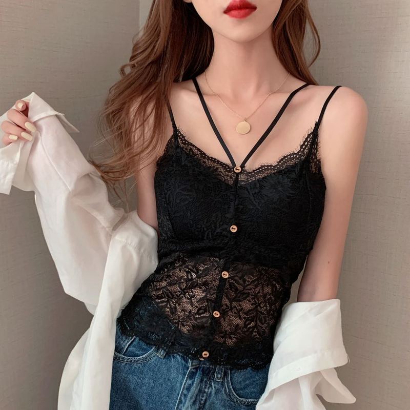 Real shot French lace beautiful back camisole with detachable breast pad buttons sexy bra tube top