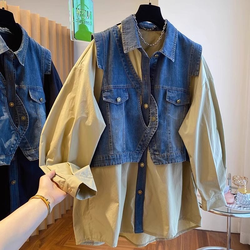 Large size fat mm denim splicing shirt for women early autumn new high-end design long-sleeved shirt to cover the flesh and look slimming top