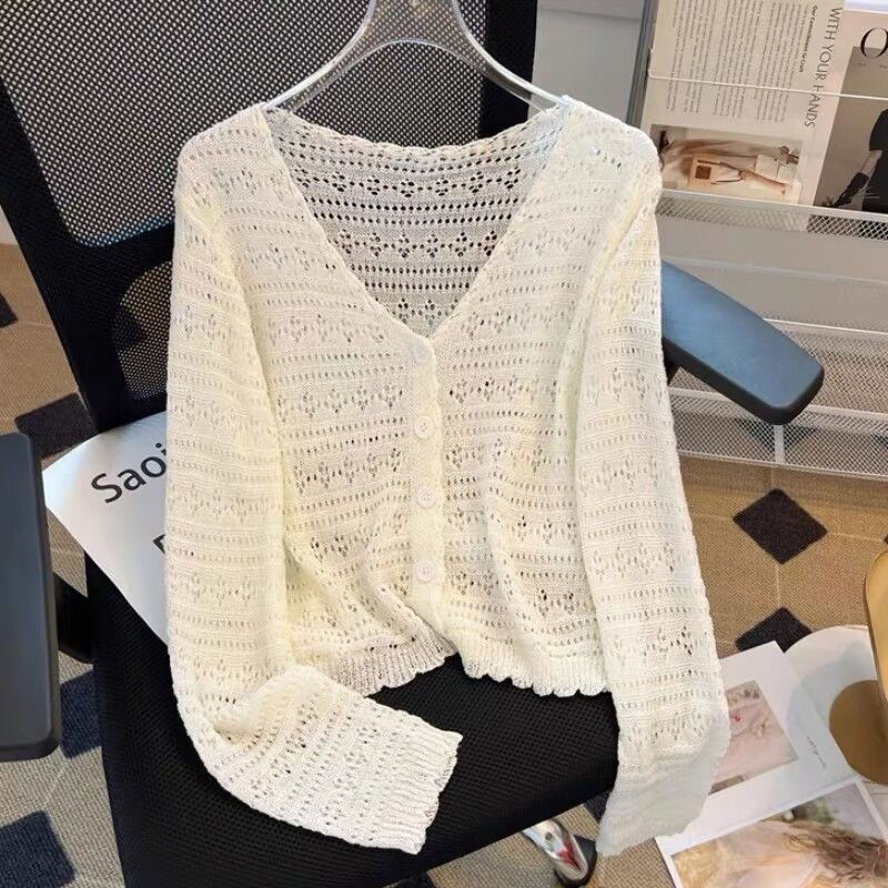 Cardigan 2023 Summer New Ice Silk Thin Jacket Women's Long Sleeve Short Hollow Sunscreen Shawl Women's Thin Outerwear