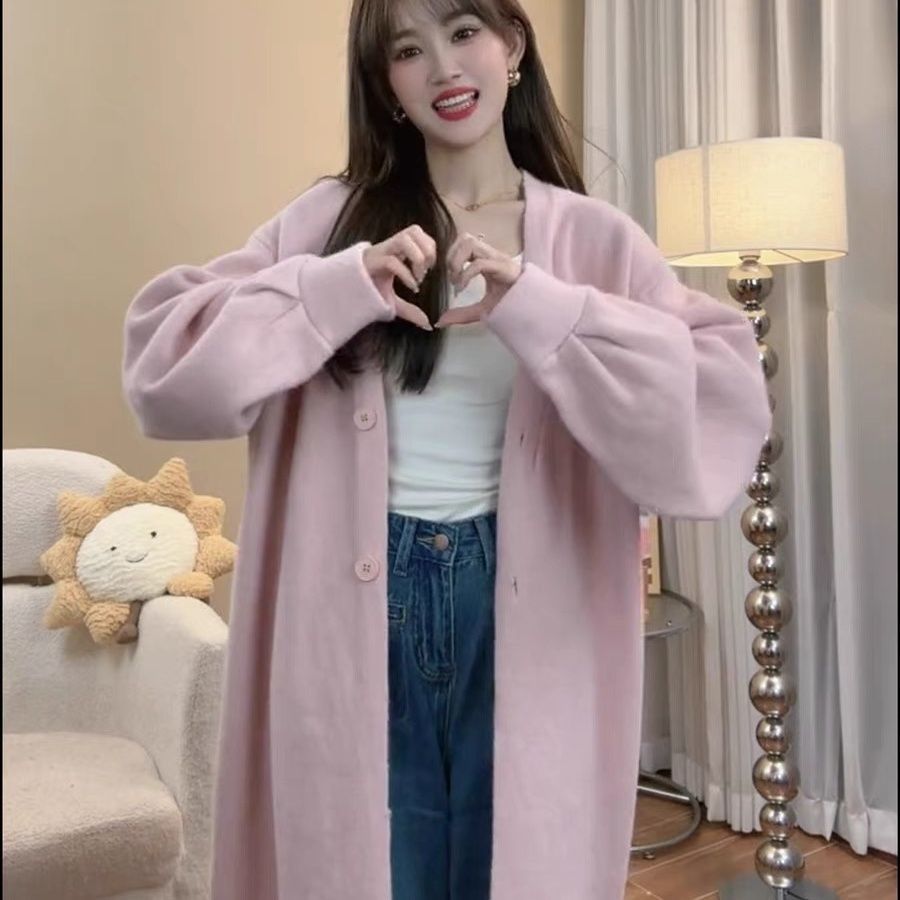 Maillard Korean knitted cardigan sweater for women autumn and winter new style loose lazy style high-end long coat jacket