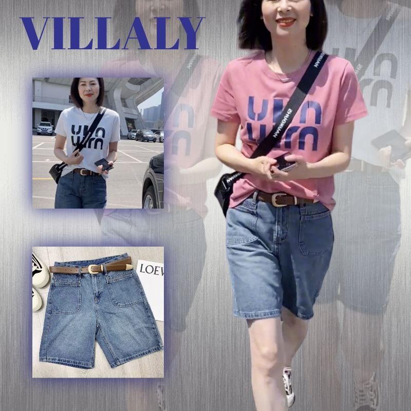 Suit women's 100% cotton women's short-sleeved T-shirt washed stretch denim shorts two-piece printed top temperament