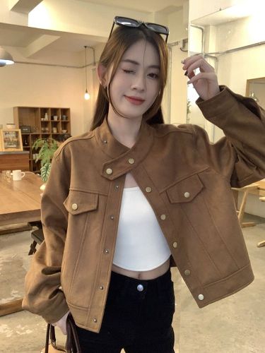 Maillard wears stand-up collar foreign-style coat for women in autumn and winter, high-end retro loose short jacket, elk leather jacket