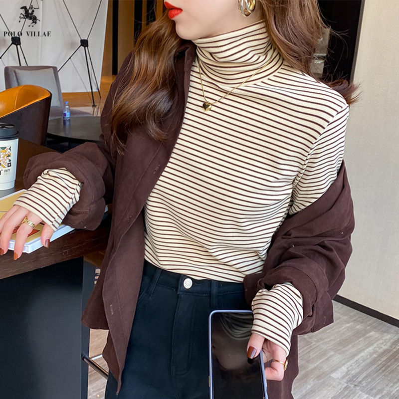 Double-sided German velvet pile high collar slim striped bottoming shirt for women in autumn and winter with velvet thickening 2023 new style