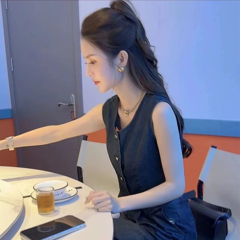 Summer versatile fashionable casual sleeveless vest slimming retro niche slim two-piece set