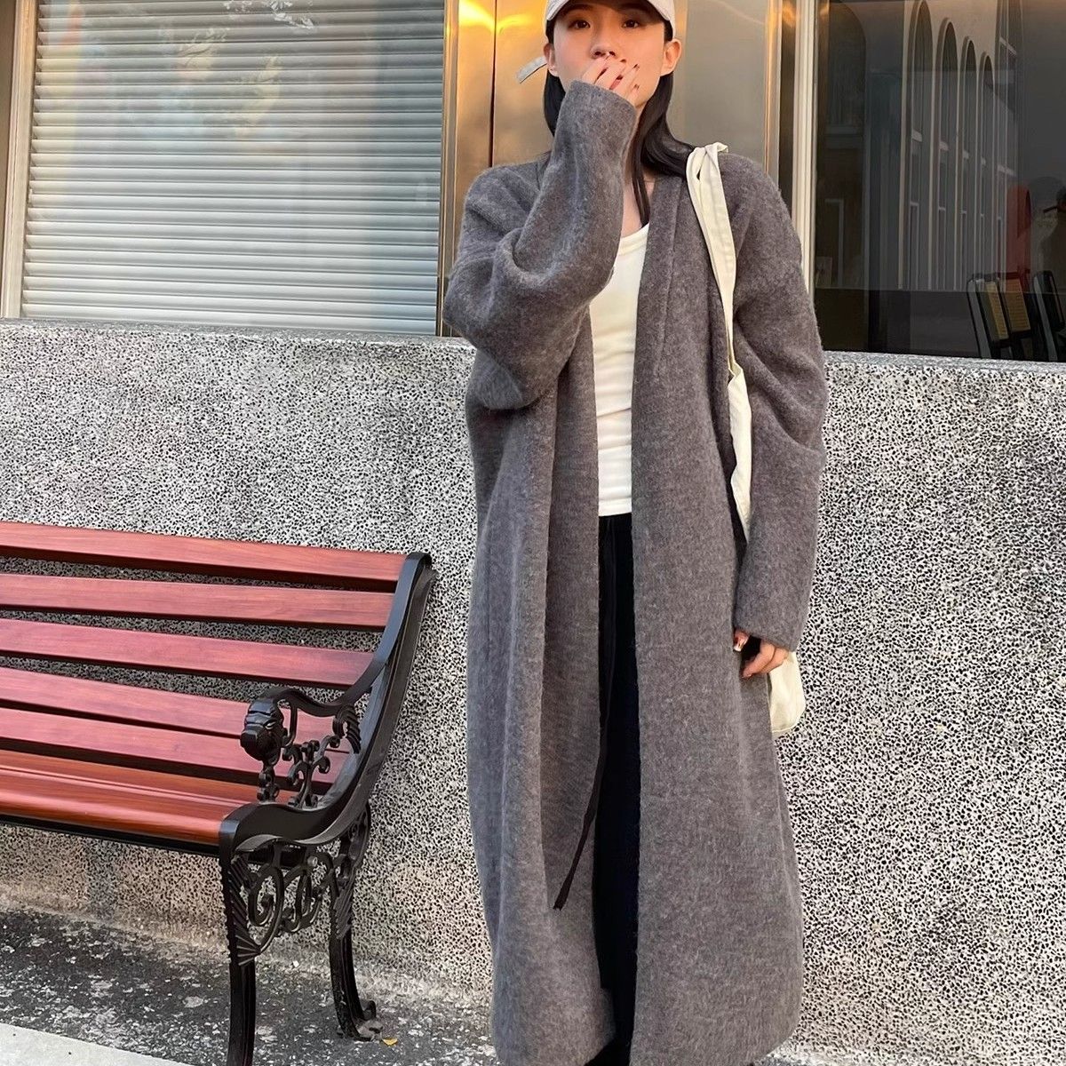 Gray mid-length over-the-knee sweater coat for women in spring, autumn and winter lazy style thickened versatile sweater cardigan coat