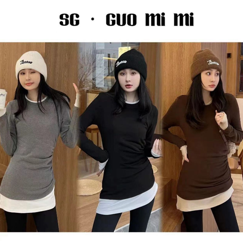 Yimedin sy13 fashionable pleated waist and color-blocked brushed temperament top warm base layer autumn and winter