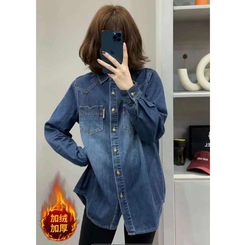 Velvet denim shirt women's autumn and winter 2023 new loose design layered top casual thickened shirt jacket