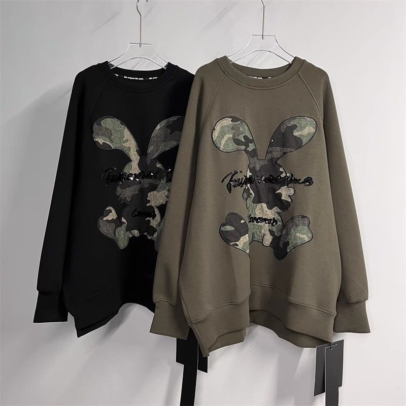 Fat sister loose European style new cartoon embroidered letters camouflage rabbit long-sleeved sweatshirt women's round neck autumn and winter style