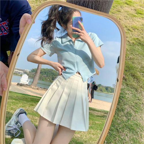 Short-sleeved T-shirt for women new summer fat mm large size slim short design double zipper polo collar solid color top