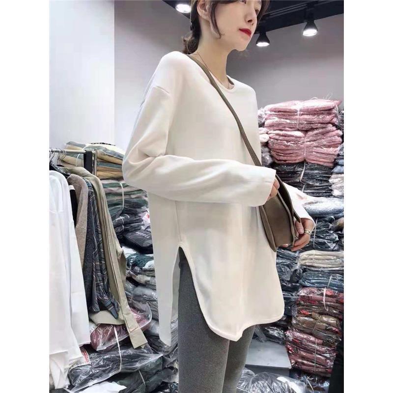 Autumn and winter Korean style casual loose and versatile round neck letter long-sleeved washed cotton plus velvet thickened T-shirt bottoming shirt for women
