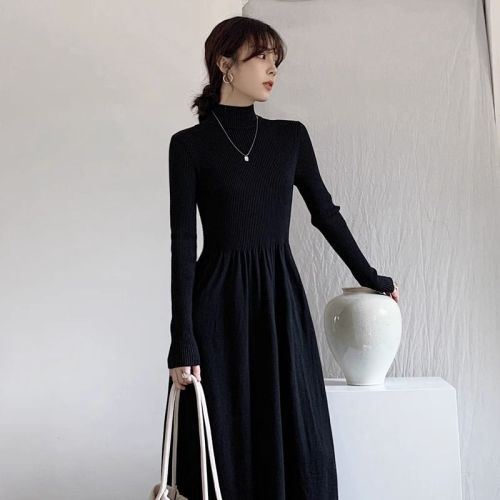 Autumn and winter new style Hepburn style French knitted dress women's half-high collar skirt black long-sleeved long skirt bottoming skirt