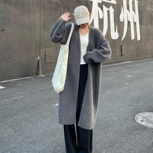 Gray mid-length over-the-knee sweater coat for women in autumn and winter loose lazy style knitted cardigan Korean style outer coat