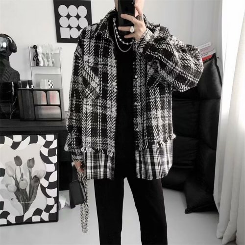 Fake two pieces of small fragrant style woven splicing plaid jacket women's trendy brand ins design niche casual handsome jacket