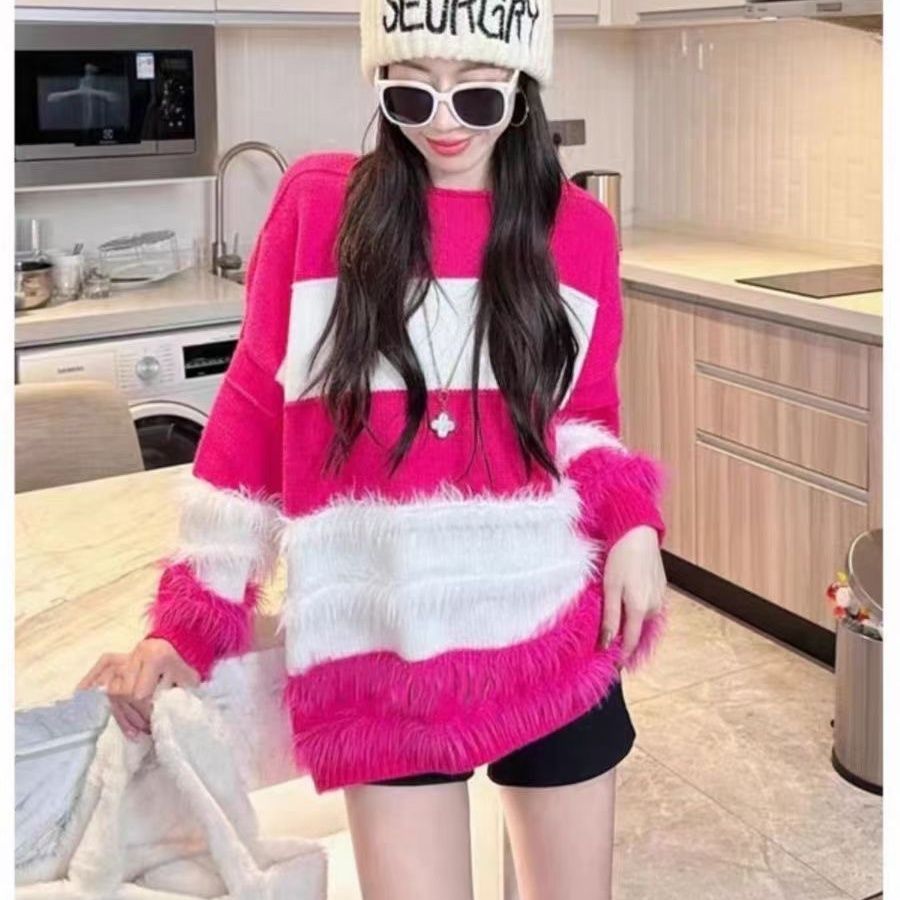 Large size lazy style design striped sweater autumn and winter 2023 spliced ​​sweater new loose pullover knitted top