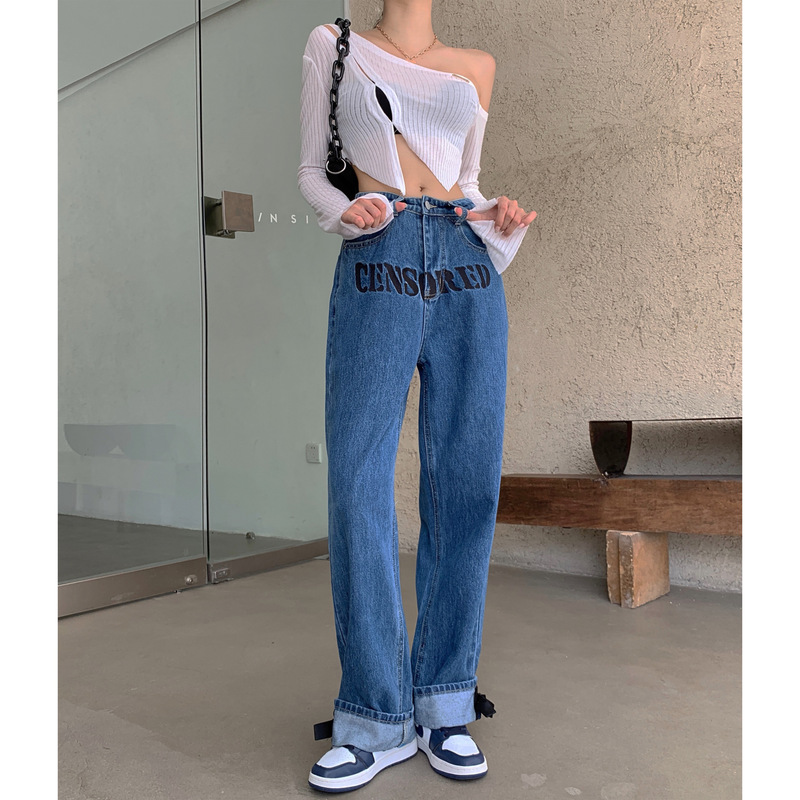 Real shot Korean style fashion ins heavy bow trousers wide leg personalized letter embroidered jeans for women trendy
