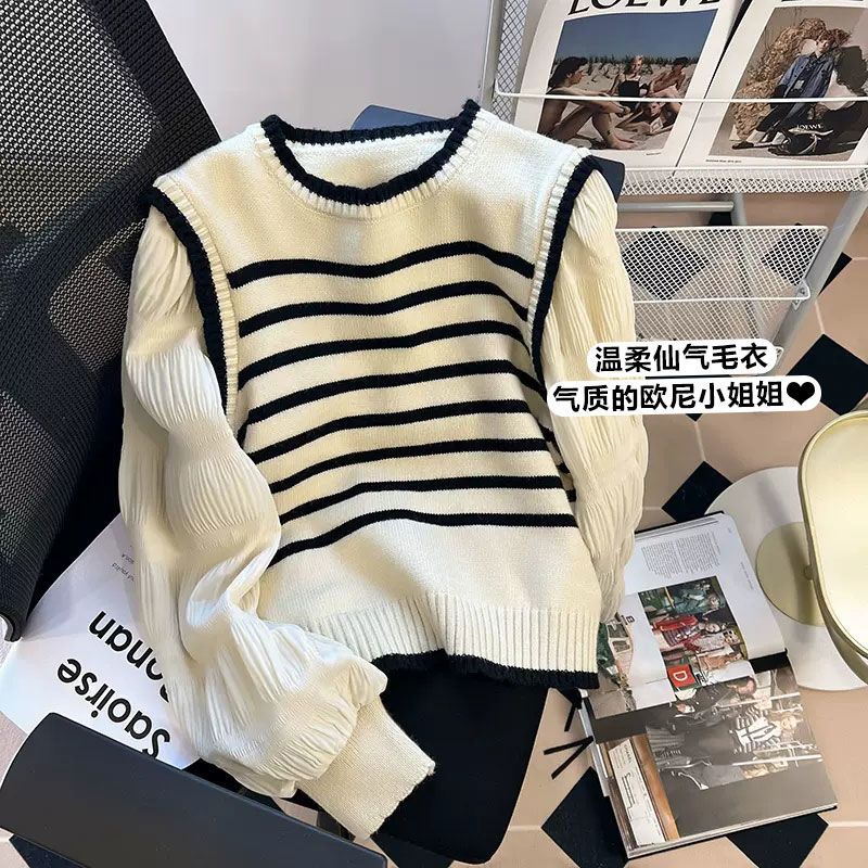 Lingqi Lingba spliced ​​striped fake two-piece sweater for women in spring, beautiful age-reducing sweater, sweet puff sleeve top