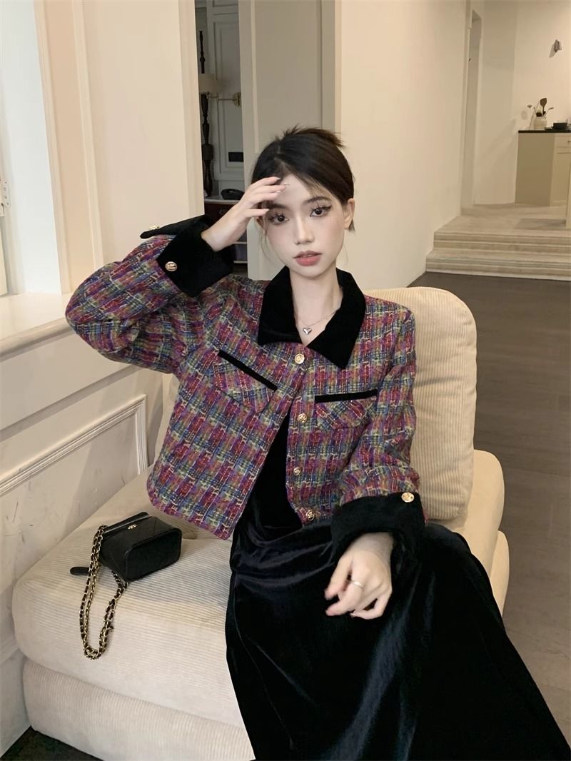 Xiaoxiangfeng jacket women's autumn 2023 new design contrasting lapel plaid foreign style short long-sleeved top