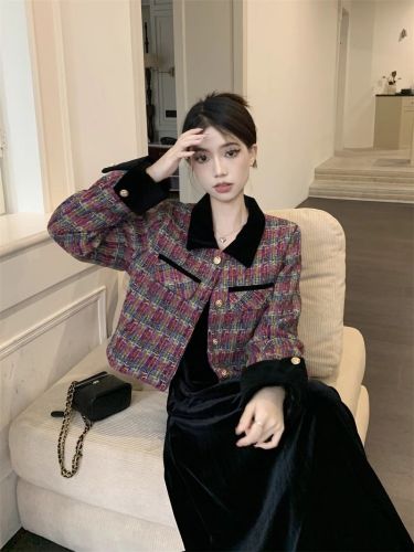 Xiaoxiangfeng jacket women's autumn  new design contrasting lapel plaid foreign style short long-sleeved top