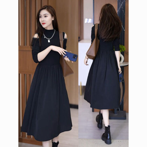 New off-shoulder A-line Hepburn knee-length dress, stylish and age-reducing slimming bottoming dress