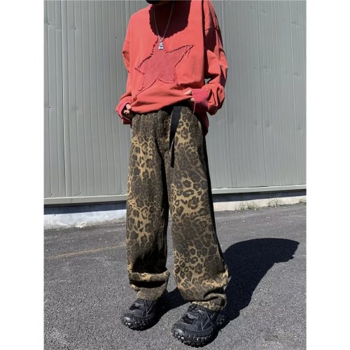 High Street Leopard Print Pants Women's Loose Wide Leg Jeans Men's Autumn and Winter New American Casual Pants Winter