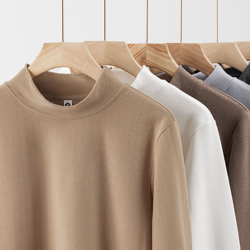 Double-sided velvet half turtleneck long-sleeved T-shirt for men in autumn and winter, underwear, mid-collar, warm inner layer, autumn coat