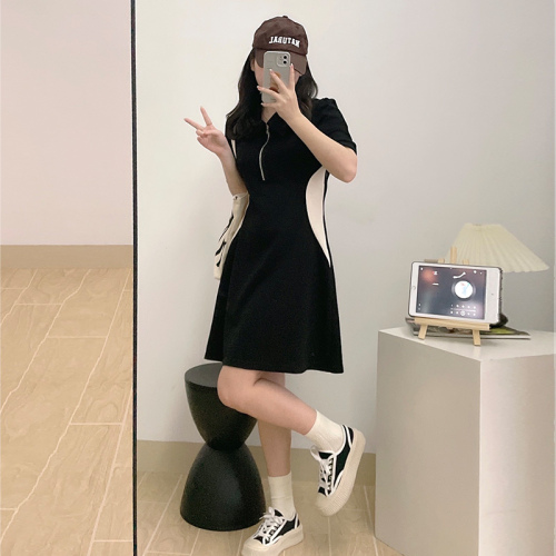 Large size polo collar dress for women summer short sleeve zipper fat mm slimming pure desire black a line hip skirt