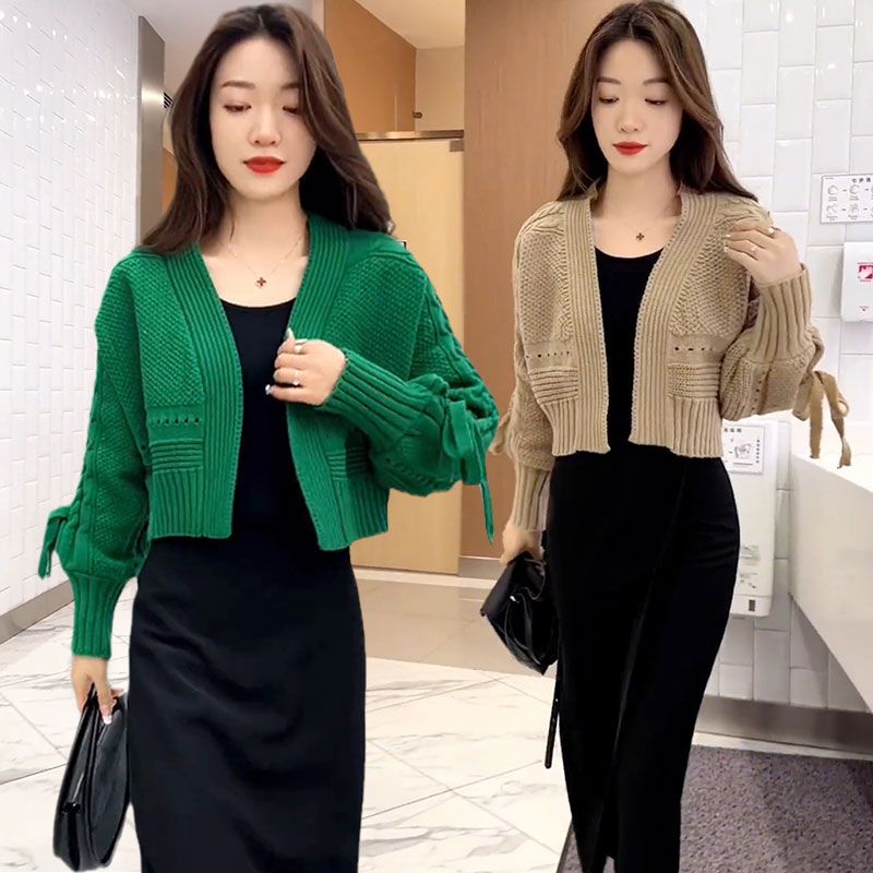 Bow tie rope knitted cardigan for women 2023 new autumn style fashionable and versatile long-sleeved top shawl short coat