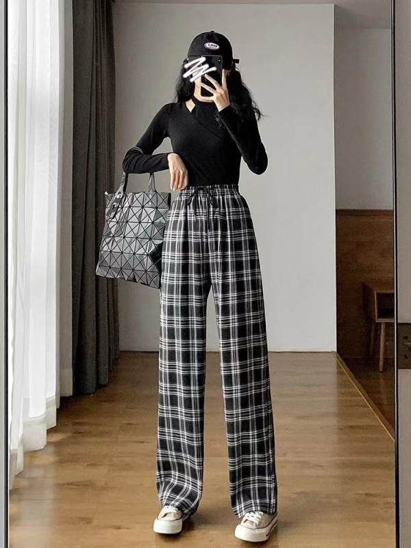 Plaid long pants for women spring and autumn ins fall straight high waist slim wide leg pants for small people