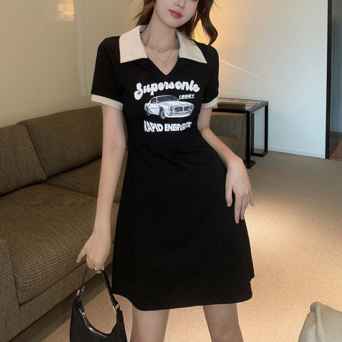 【】Polo collar college style slimming plus size women's fat MM waist A-line skirt sweet mid-length dress