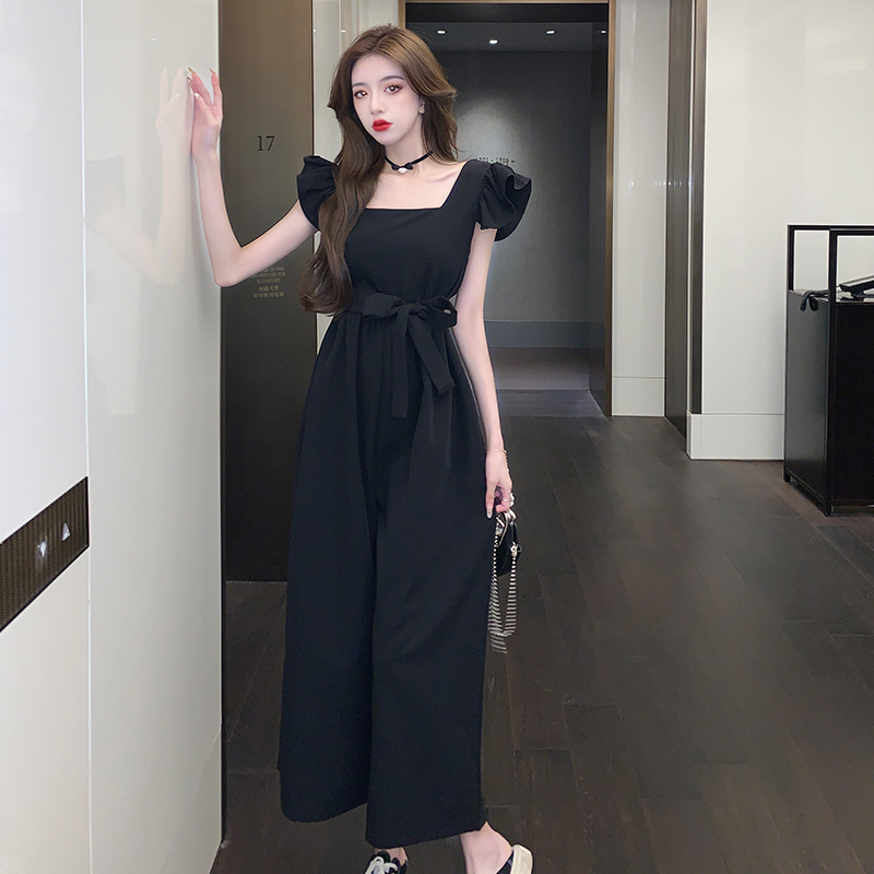 Summer 2024 New Korean Version Chic Petite Short Sleeve Black Bodysuit Women's Slimming Casual Wide Leg Pants Trendy