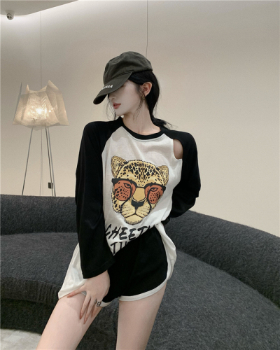 Actual shot ~ Early autumn new long-sleeved T-shirt for women, loose contrasting color round neck, leopard head letter print top, trendy