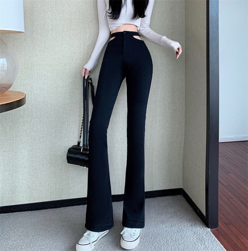 Actual shot of Korean style slimming and versatile tight-fitting bell-bottom pants, new hollow fashion denim trousers
