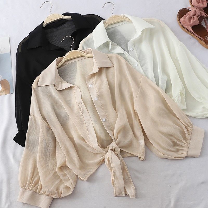 Thin sun protection shirt for women in summer, loose bat cardigan, short chiffon air-conditioning shirt with small shawl, student trend