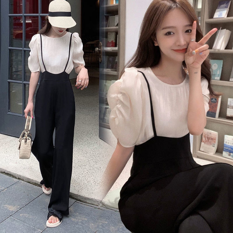 Fashion suit for women, summer new style, Korean style, puff sleeves, high waist, thin strap overalls, stylish and slimming two-piece set