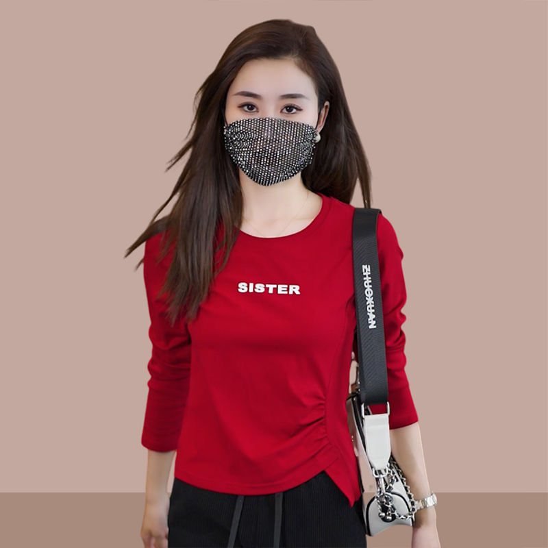 2023 Spring and Autumn New Women's Fashion Versatile Round Neck Long Sleeve T-shirt Slim Fit Bottoming Shirt Irregular Short Top