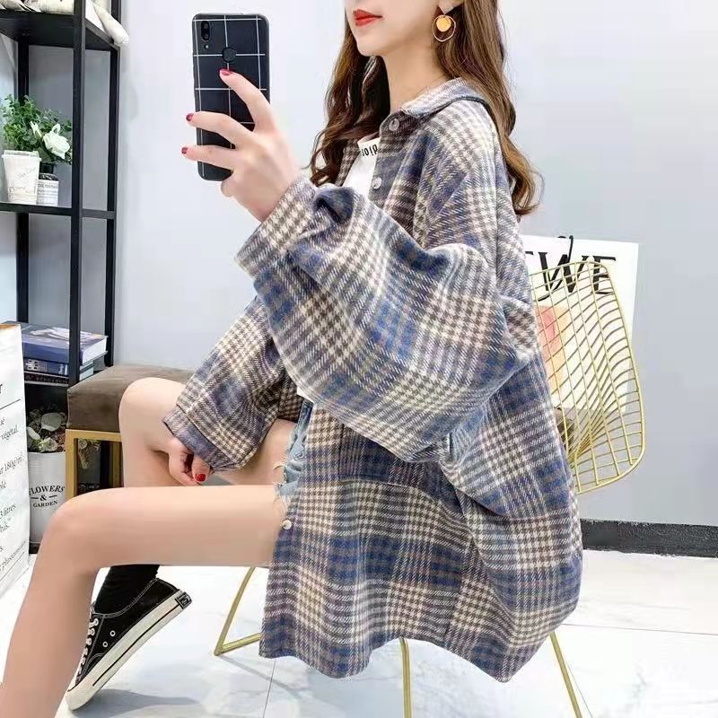 [Thick Brushed] Cotton Plaid Shirt Women's Jacket Mid-Length Women's Long Sleeve Loose Casual Shirt Western Style