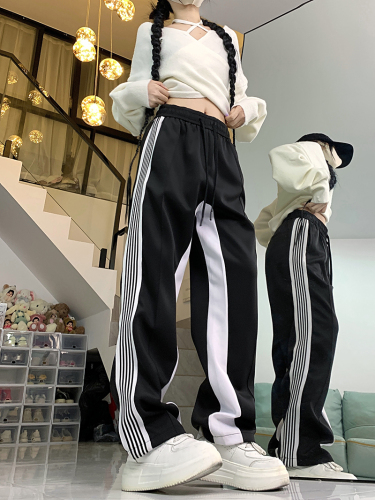 [Real shot Chinese cotton composite] Retro black and white American side striped casual pants high waist straight sports pants