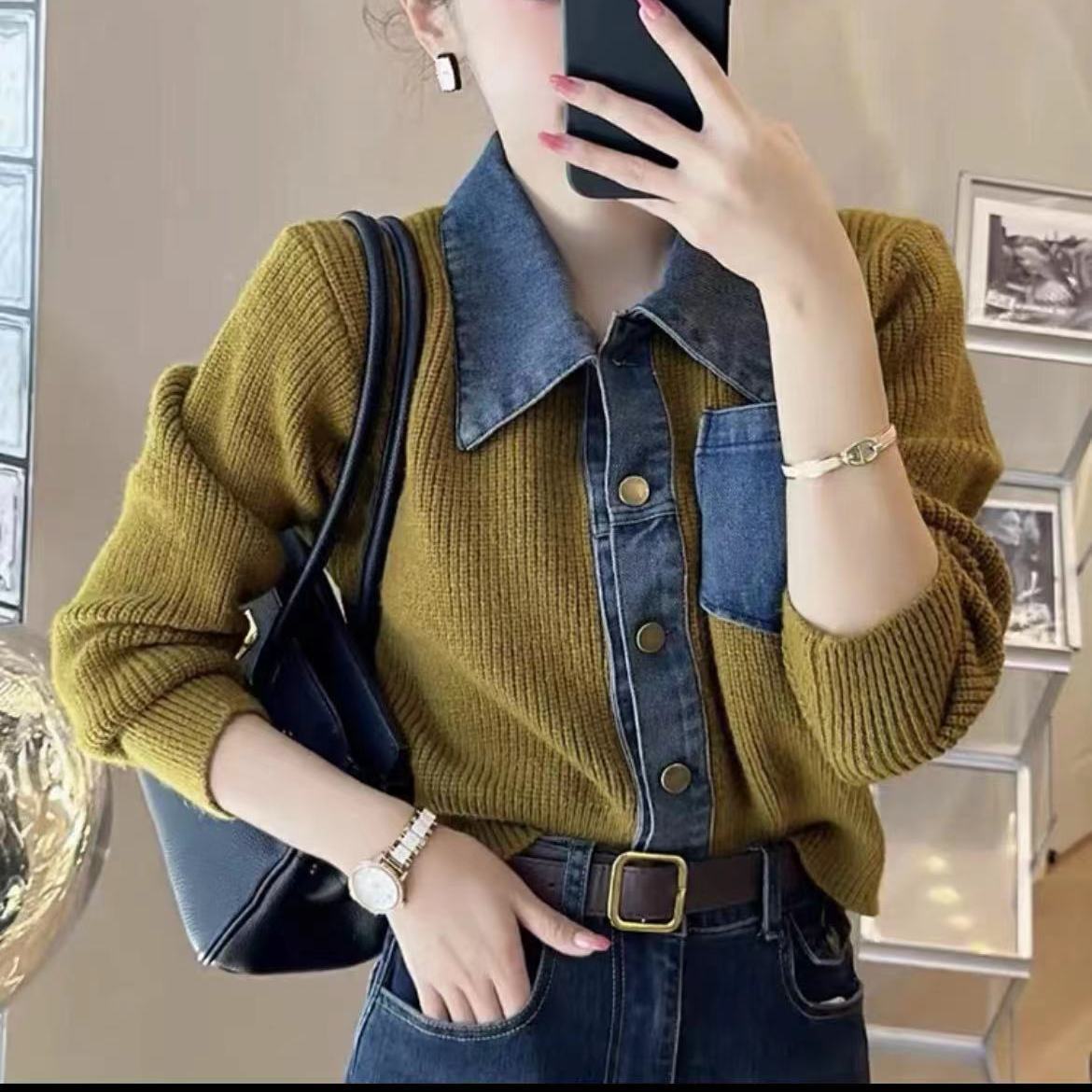 Short suit high-end sweater jacket for women spring and autumn new style retro denim splicing sweater top short